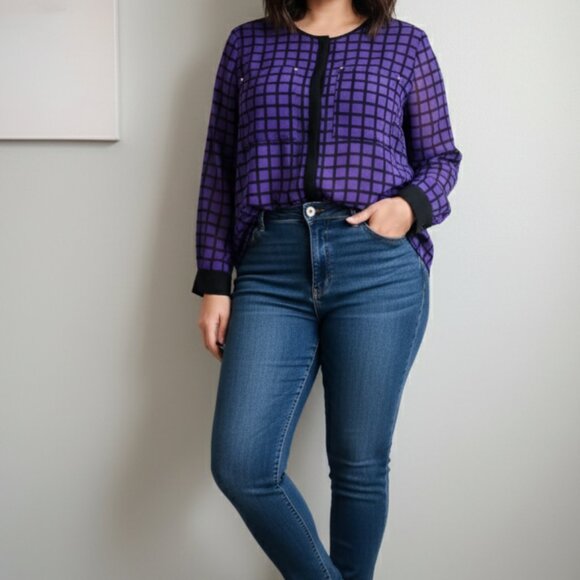 Michael Kors Sheer Purple and Black Dress Blouse with Zipper Accents Size XLarge - Picture 1 of 16